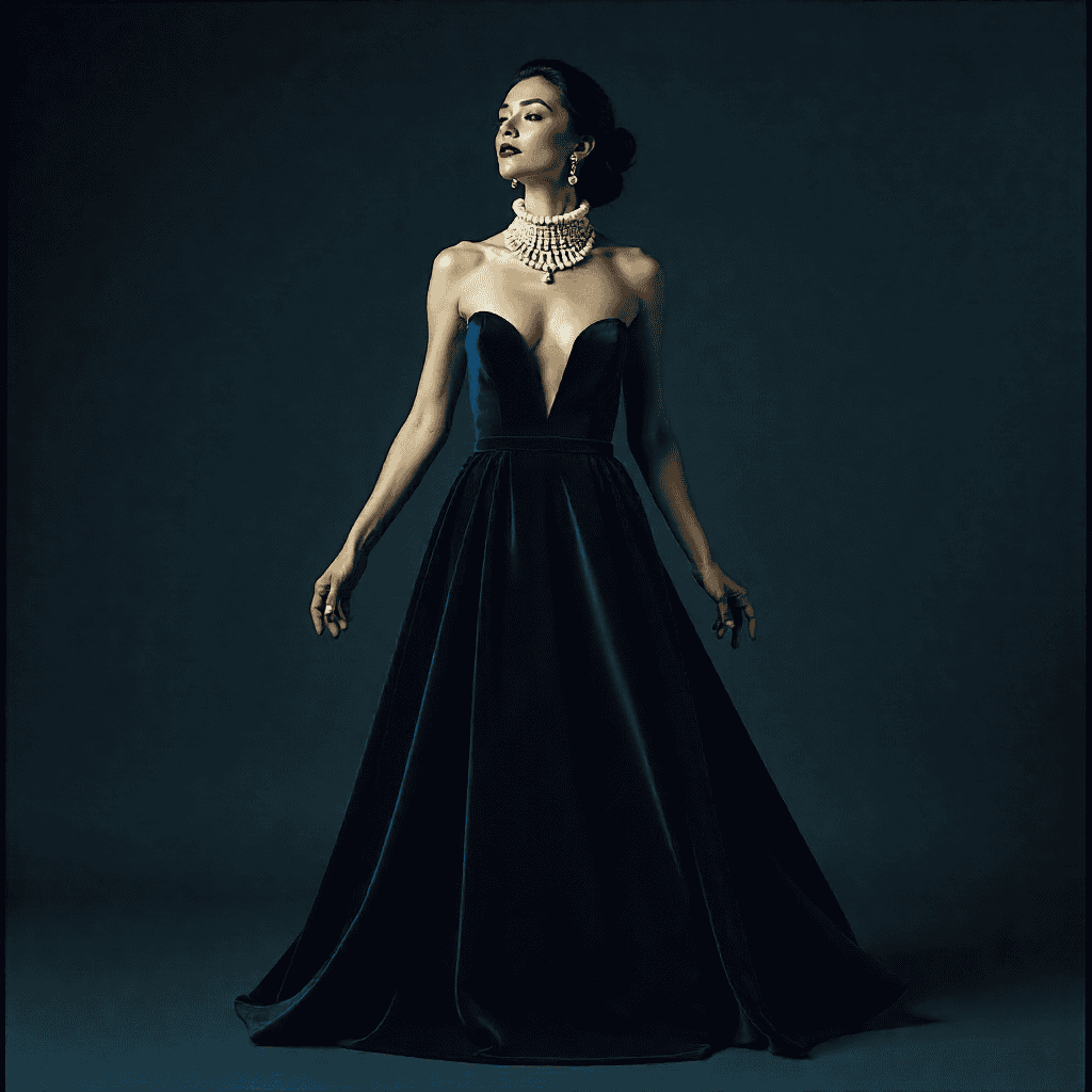 Elegant evening gown with statement jewelry